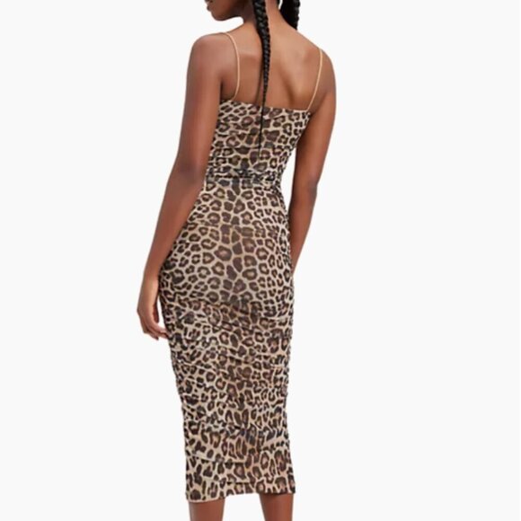 GOOD AMERICAN Tan & Black Leopard Sleeveless Ruched Mesh Midi Dress Sz L NWT - Picture 4 of 16